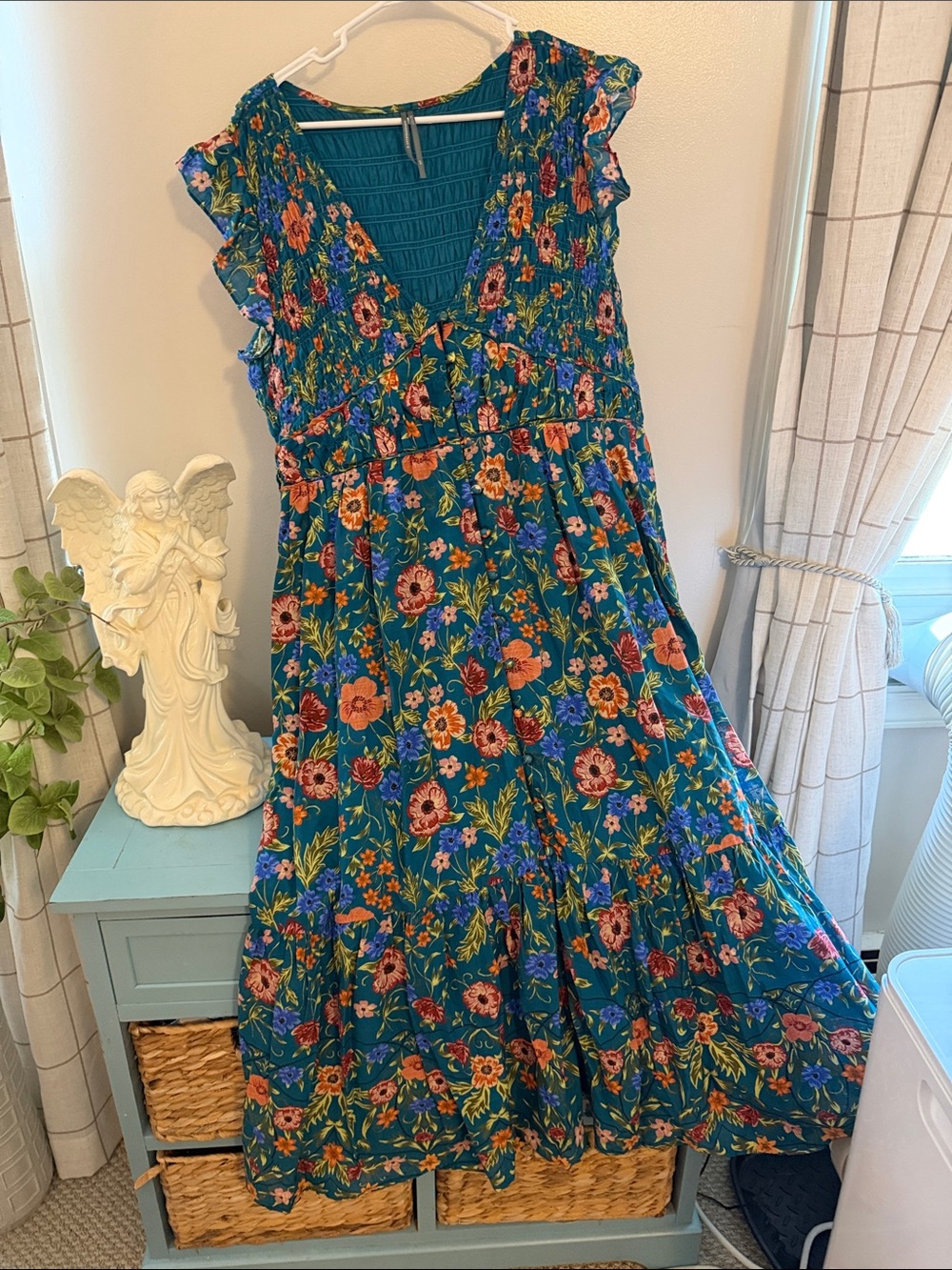 Anthropologie Teal Floral Maxi Dress with Ruffle Sleeves